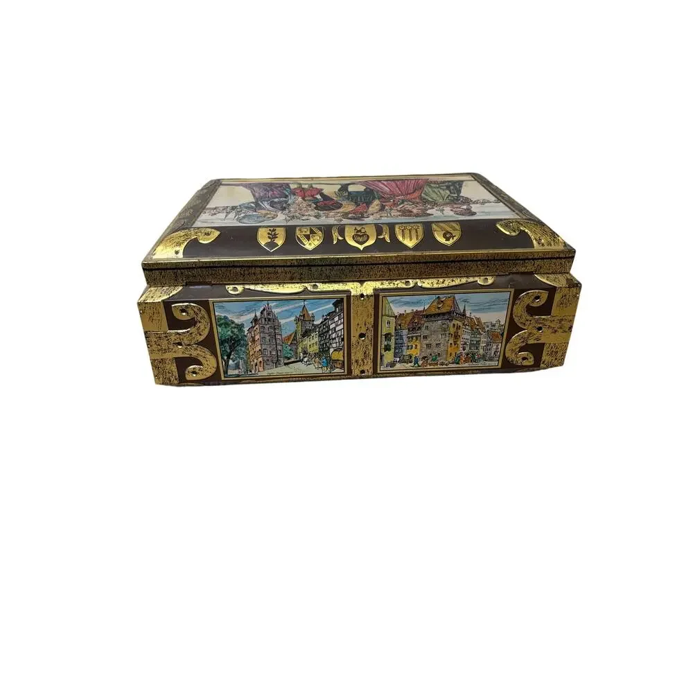 Vintage E. Otto Schmidt Nürnberg Germany Lebkuchen Tin Box Medieval Scenes 16”